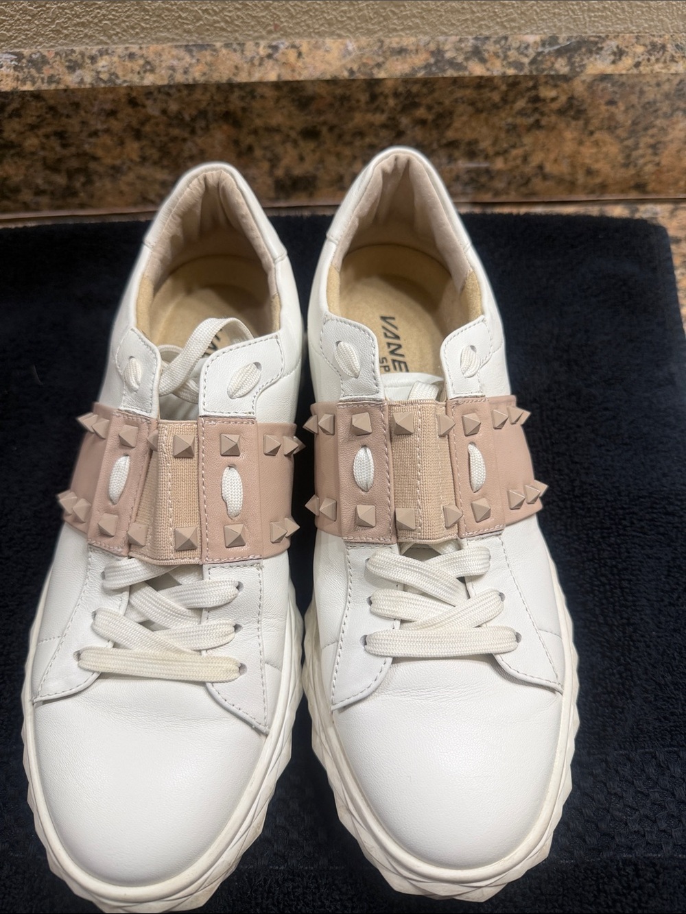 Vaneli White Leather Sneakers with Beige Studded Strap